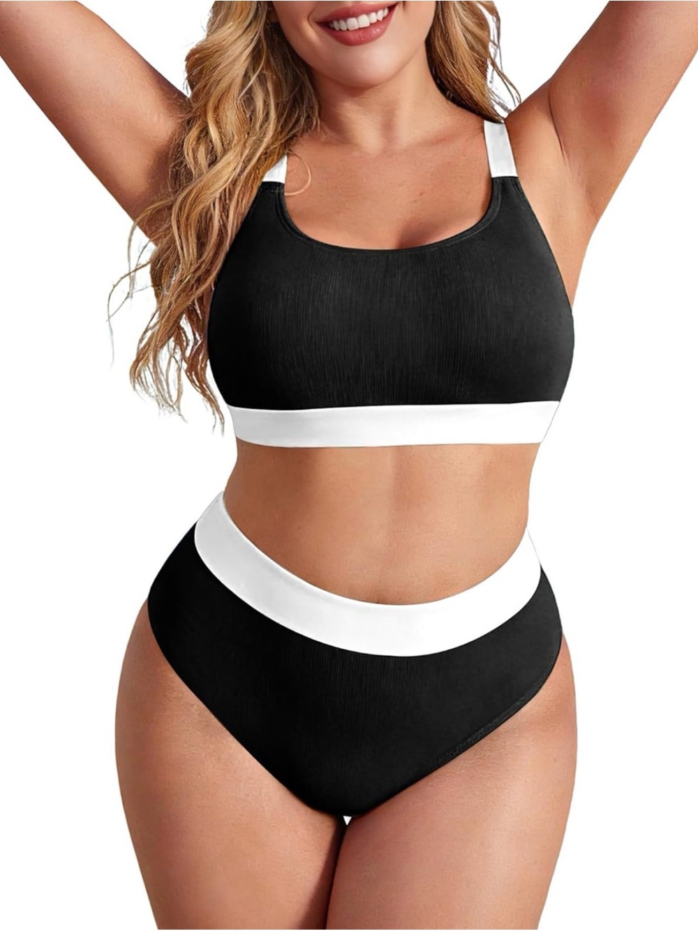 Black Two-Piece Swimsuit with White Elastic Trim